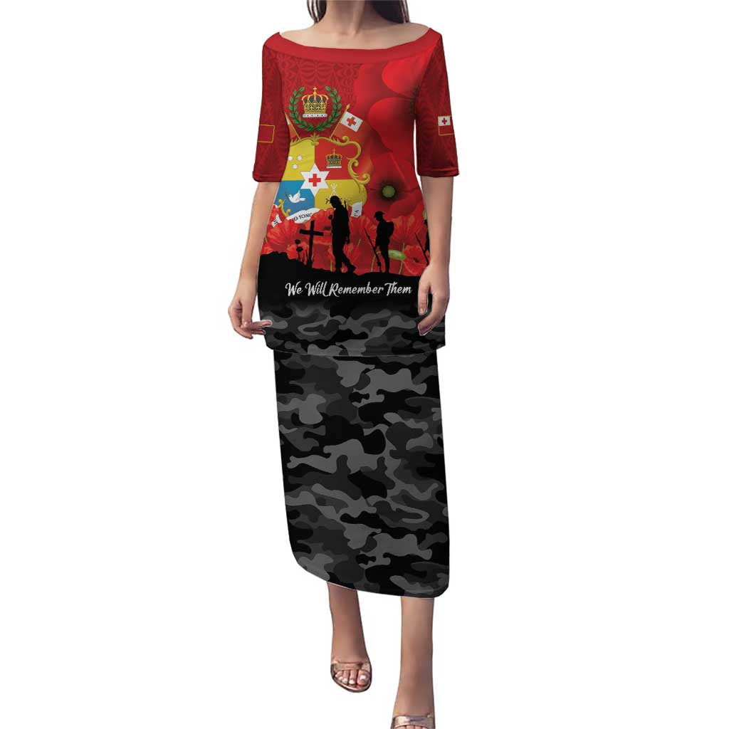 Tonga ANZAC Day Puletasi Ngatu Pattern We Will Remember Them LT14 Long Dress Red - Polynesian Pride