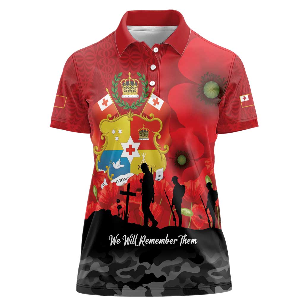 Tonga ANZAC Day Women Polo Shirt Ngatu Pattern We Will Remember Them LT14 Female Red - Polynesian Pride