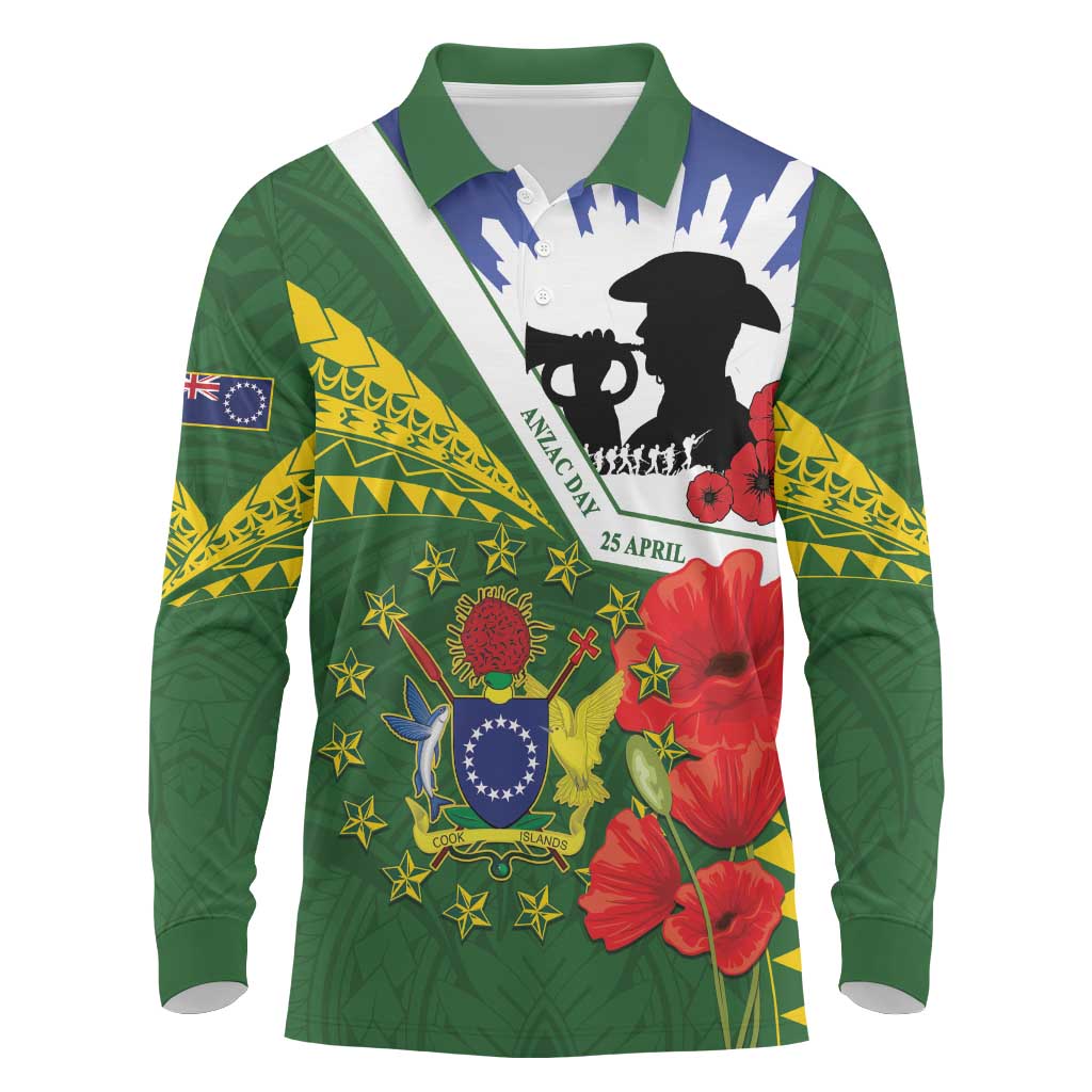Cook Islands ANZAC Day Long Sleeve Polo Shirt Last Post Lest We Forget LT14 Green - Polynesian Pride