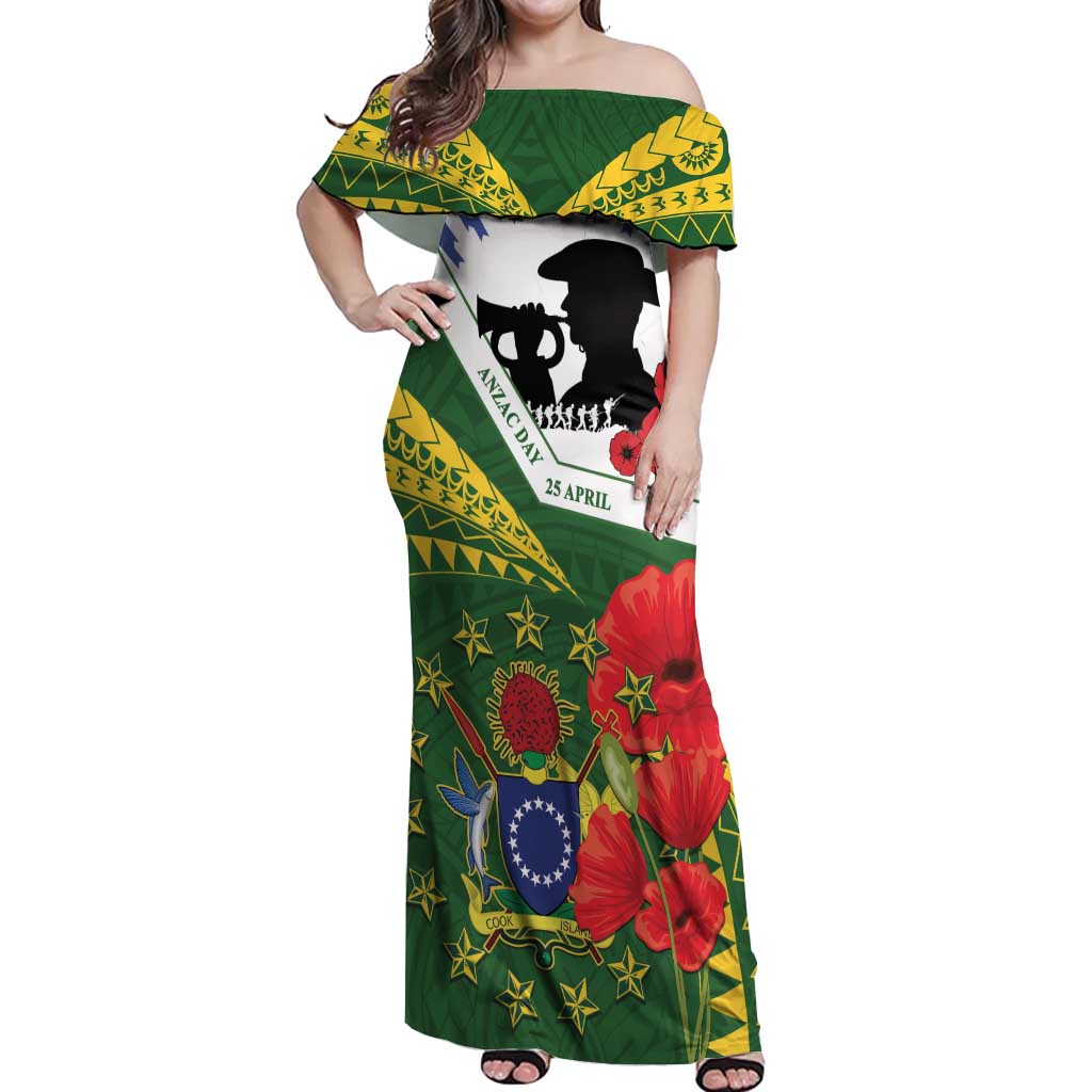 Cook Islands ANZAC Day Off Shoulder Maxi Dress Last Post Lest We Forget LT14 Women Green - Polynesian Pride
