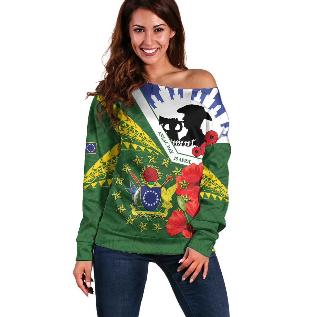 Cook Islands ANZAC Day Off Shoulder Sweater Last Post Lest We Forget LT14 Women Green - Polynesian Pride