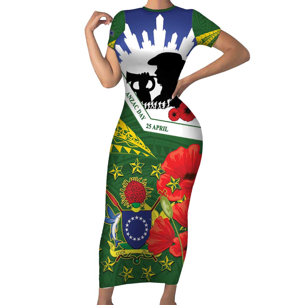Cook Islands ANZAC Day Short Sleeve Bodycon Dress Last Post Lest We Forget LT14 Long Dress Green - Polynesian Pride