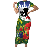 Cook Islands ANZAC Day Short Sleeve Bodycon Dress Last Post Lest We Forget LT14 Long Dress Green - Polynesian Pride