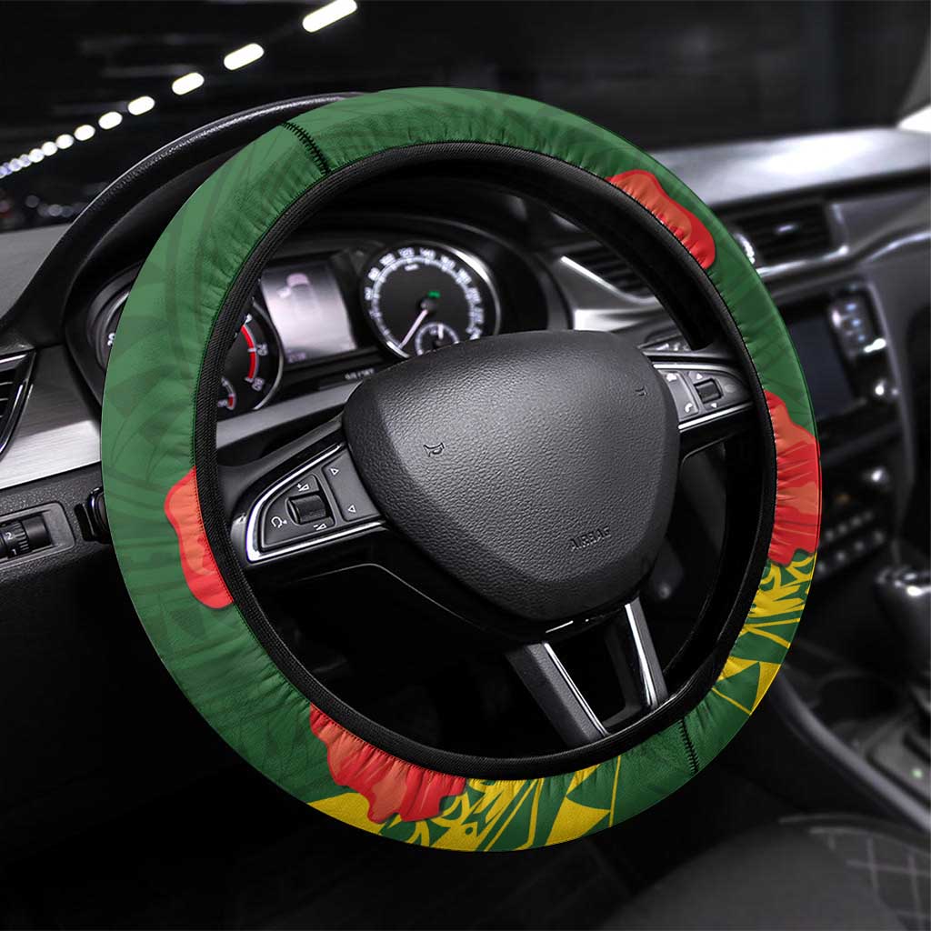 Cook Islands ANZAC Day Steering Wheel Cover Last Post Lest We Forget LT14 Universal Fit Green - Polynesian Pride
