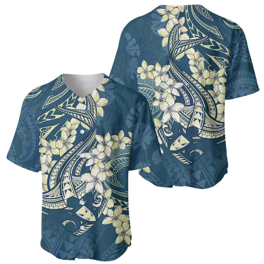 Cyan Polynesia Hammerhead Shark Tattoo With Plumeria Lei Baseball Jersey LT14 - Polynesian Pride