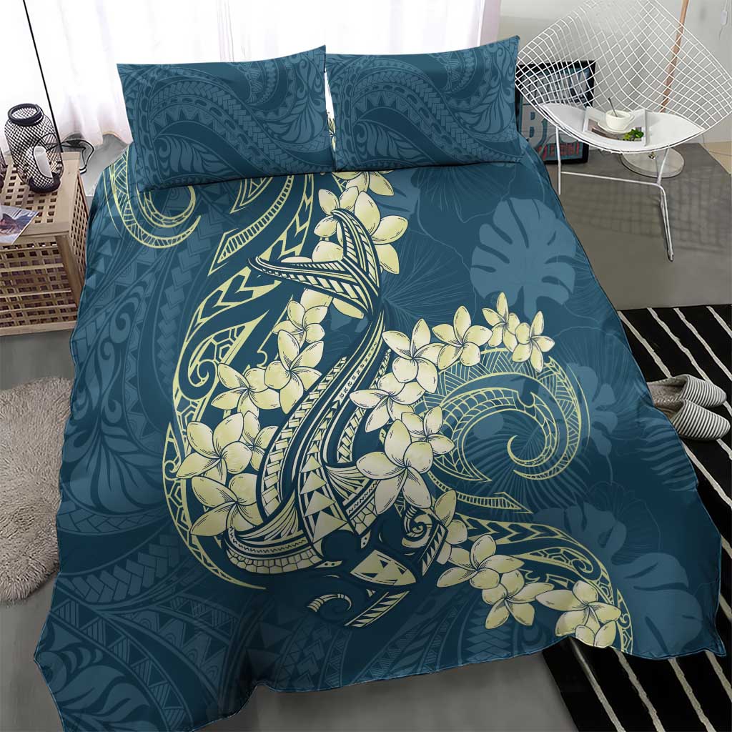 Cyan Polynesia Hammerhead Shark Tattoo With Plumeria Lei Bedding Set LT14 - Polynesian Pride