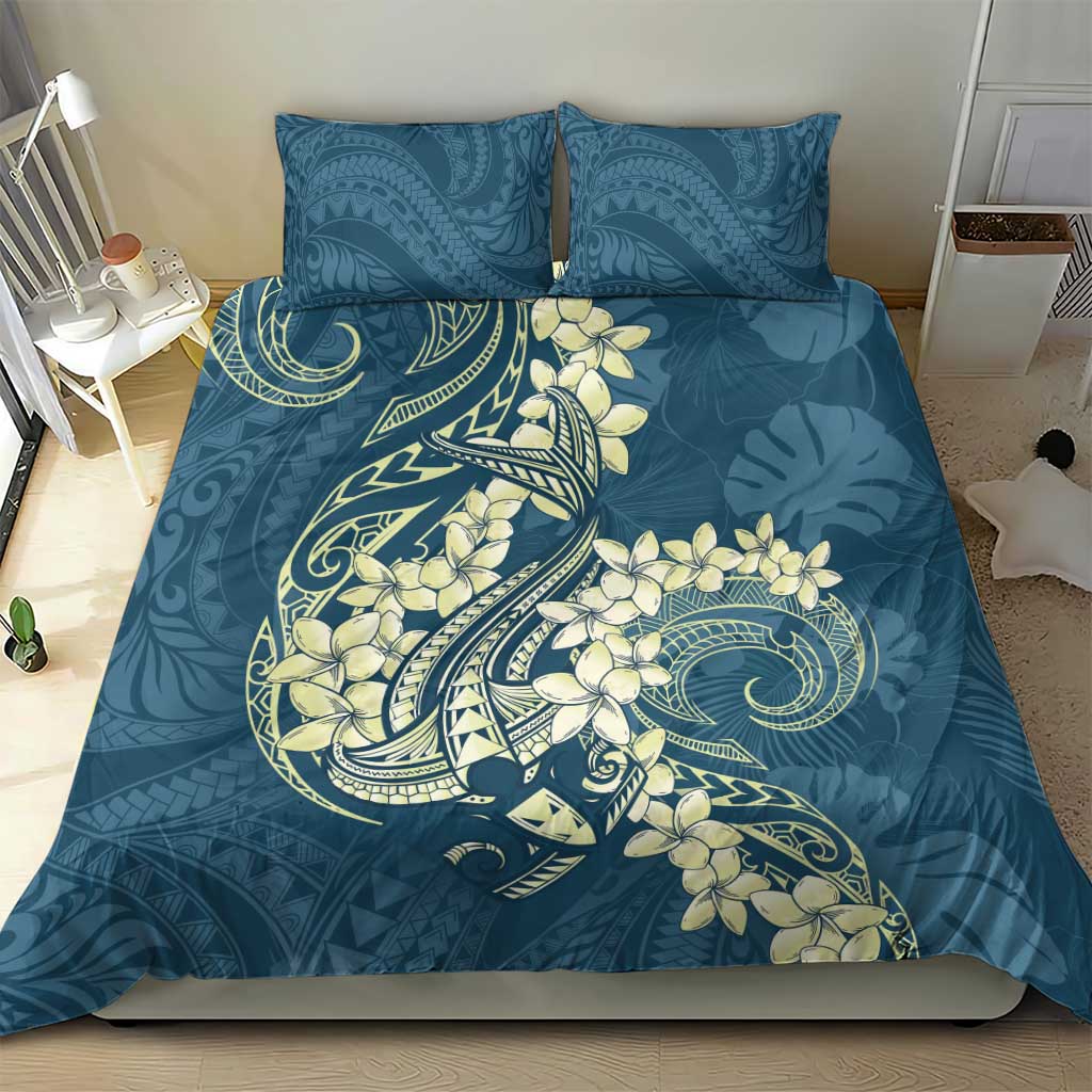 Cyan Polynesia Hammerhead Shark Tattoo With Plumeria Lei Bedding Set LT14 - Polynesian Pride