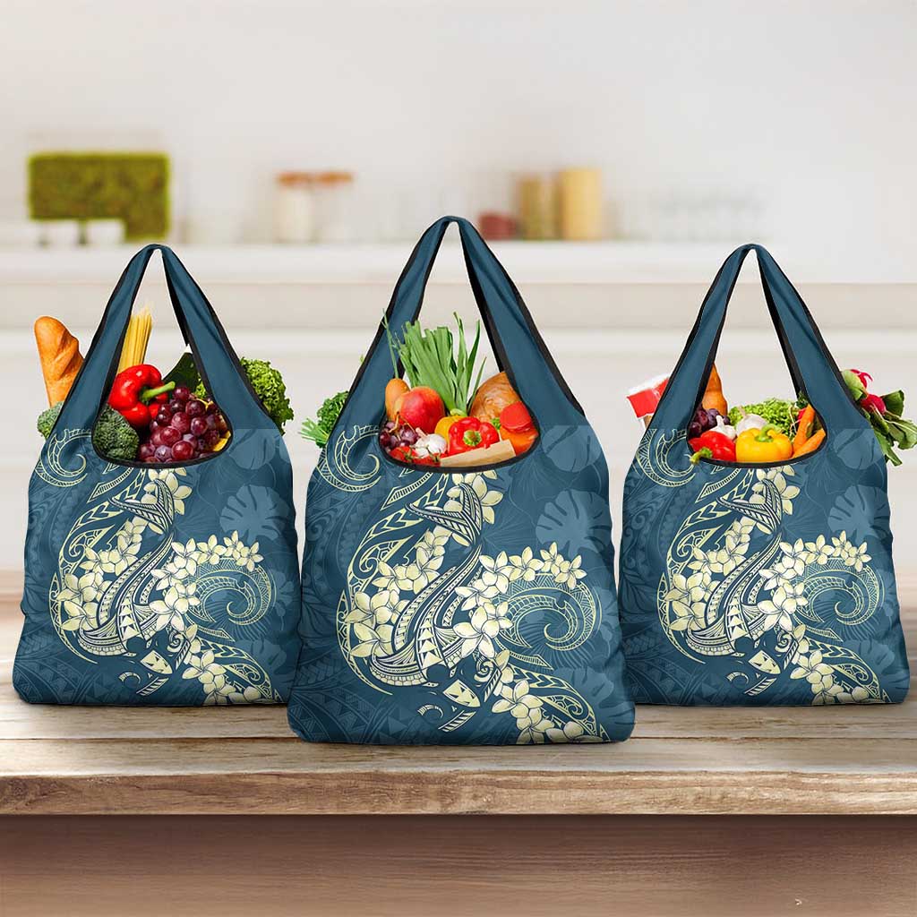Cyan Polynesia Hammerhead Shark Tattoo With Plumeria Lei Grocery Bag LT14 3-pack One Size Cyan - Polynesian Pride