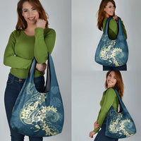 Cyan Polynesia Hammerhead Shark Tattoo With Plumeria Lei Grocery Bag LT14 - Polynesian Pride