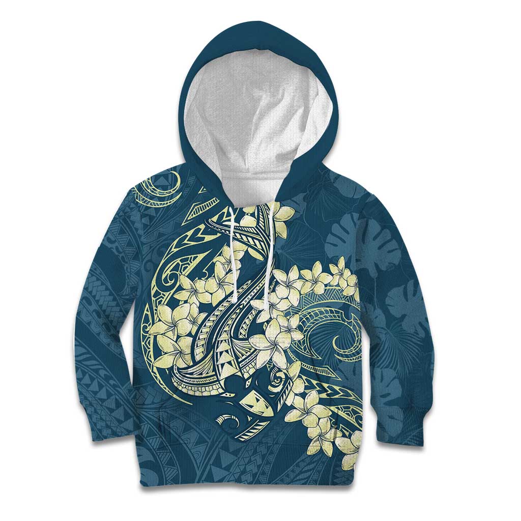 Cyan Polynesia Hammerhead Shark Tattoo With Plumeria Lei Kid Hoodie LT14 Hoodie Cyan - Polynesian Pride