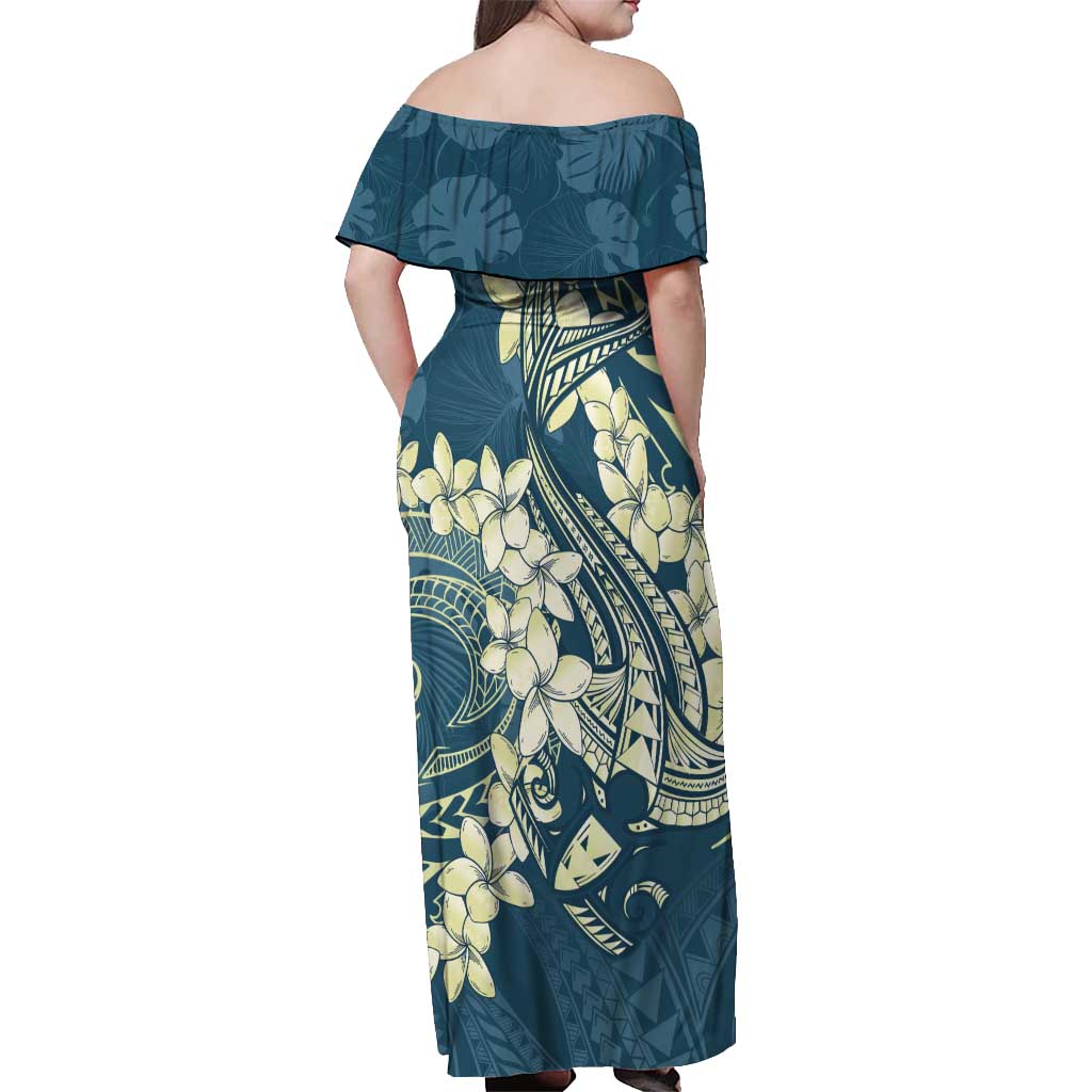 Cyan Polynesia Hammerhead Shark Tattoo With Plumeria Lei Off Shoulder Maxi Dress LT14 - Polynesian Pride