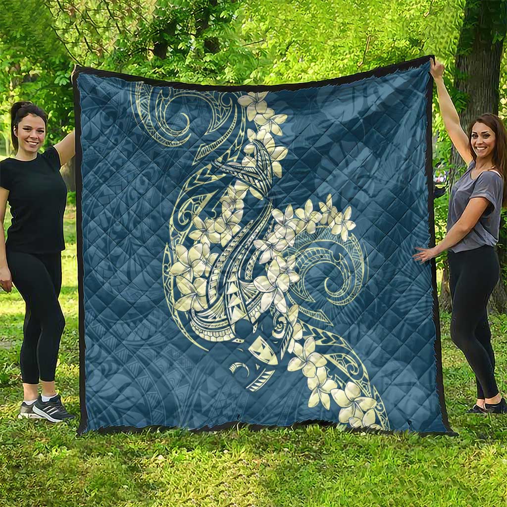 Cyan Polynesia Hammerhead Shark Tattoo With Plumeria Lei Quilt LT14 - Polynesian Pride