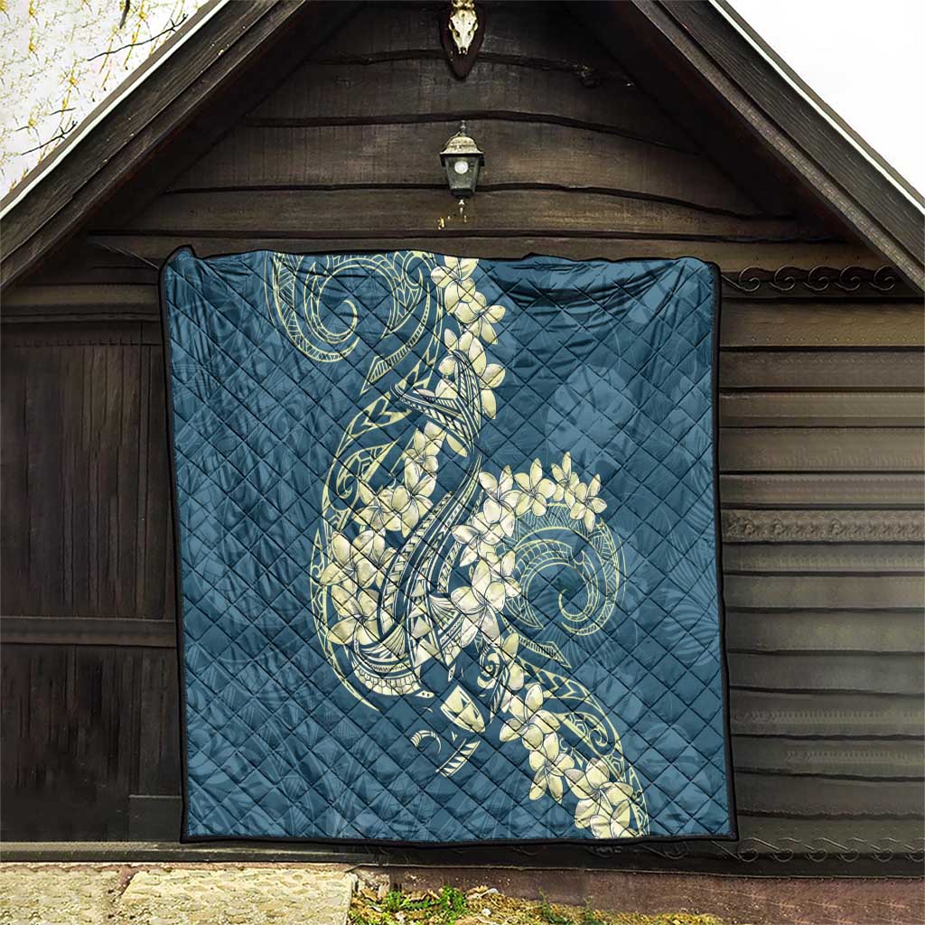 Cyan Polynesia Hammerhead Shark Tattoo With Plumeria Lei Quilt LT14 - Polynesian Pride