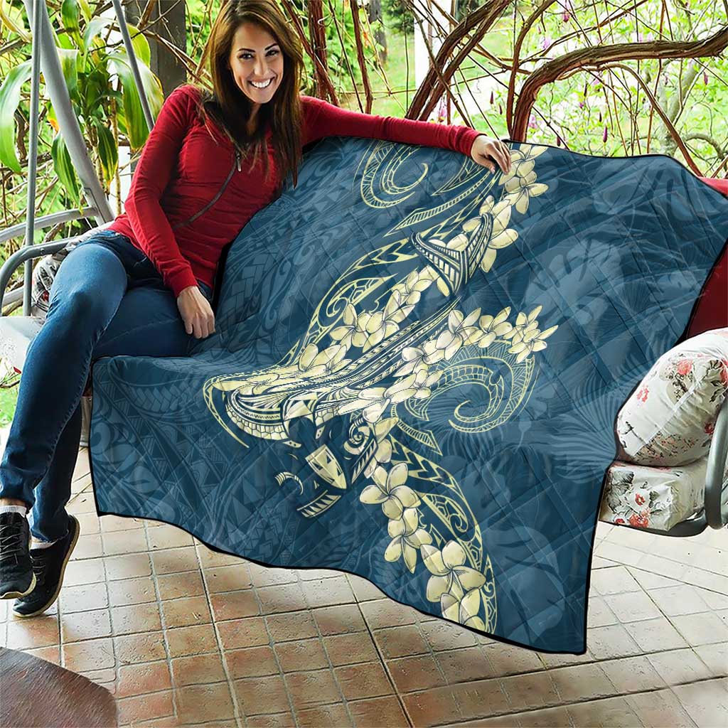 Cyan Polynesia Hammerhead Shark Tattoo With Plumeria Lei Quilt LT14 - Polynesian Pride