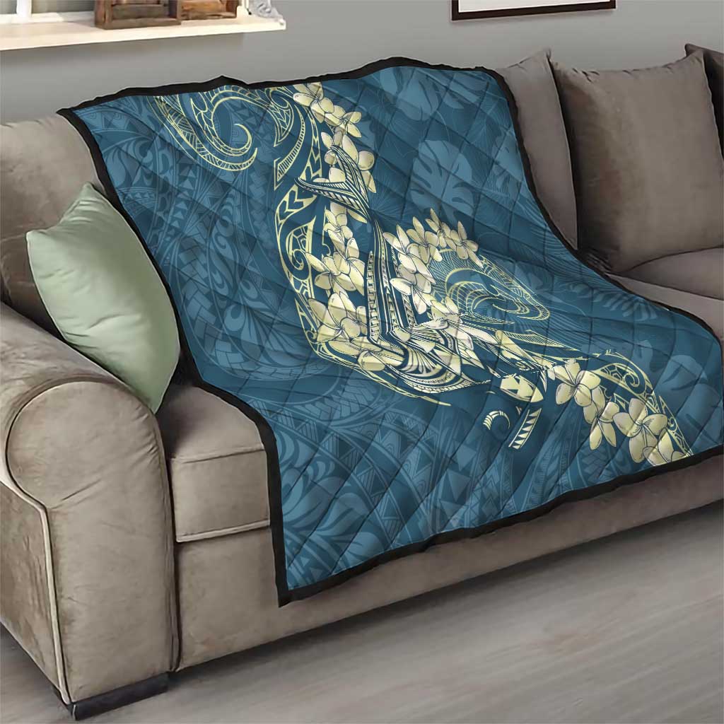 Cyan Polynesia Hammerhead Shark Tattoo With Plumeria Lei Quilt LT14 - Polynesian Pride