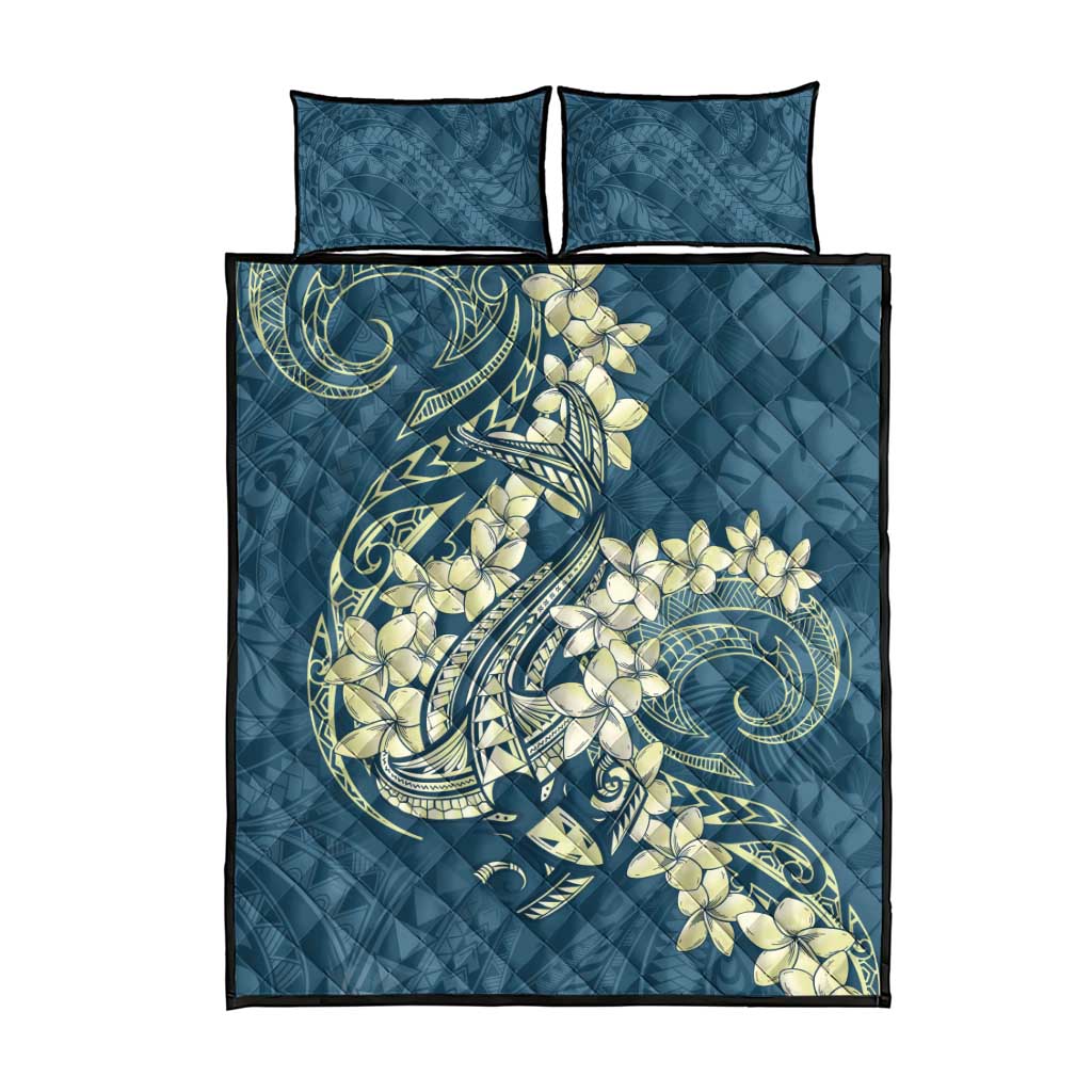 Cyan Polynesia Hammerhead Shark Tattoo With Plumeria Lei Quilt Bed Set LT14 - Polynesian Pride