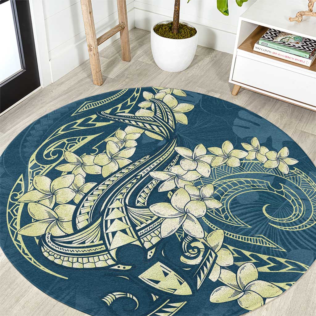 Cyan Polynesia Hammerhead Shark Tattoo With Plumeria Lei Round Carpet LT14 Cyan - Polynesian Pride