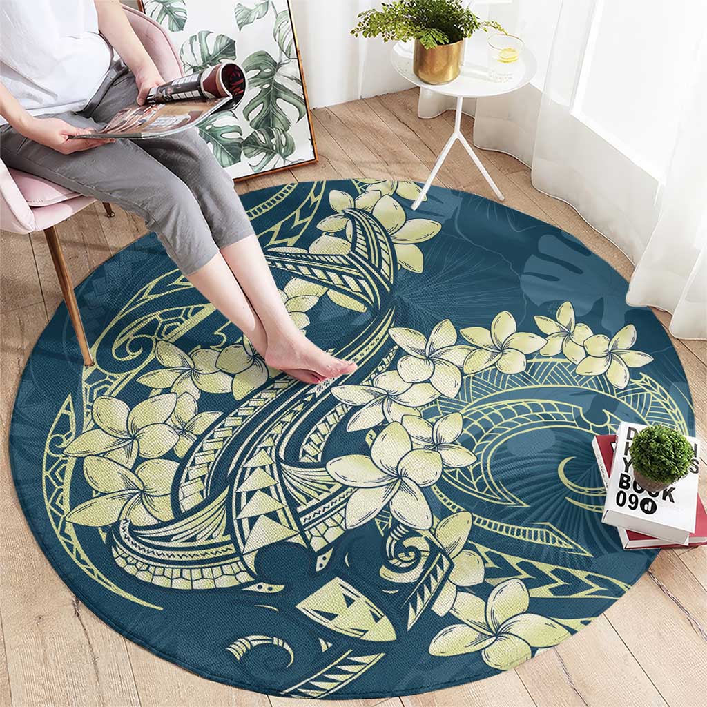 Cyan Polynesia Hammerhead Shark Tattoo With Plumeria Lei Round Carpet LT14 - Polynesian Pride