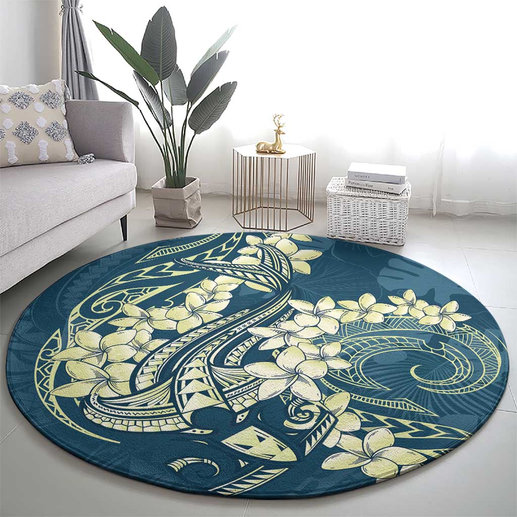 Cyan Polynesia Hammerhead Shark Tattoo With Plumeria Lei Round Carpet LT14 - Polynesian Pride