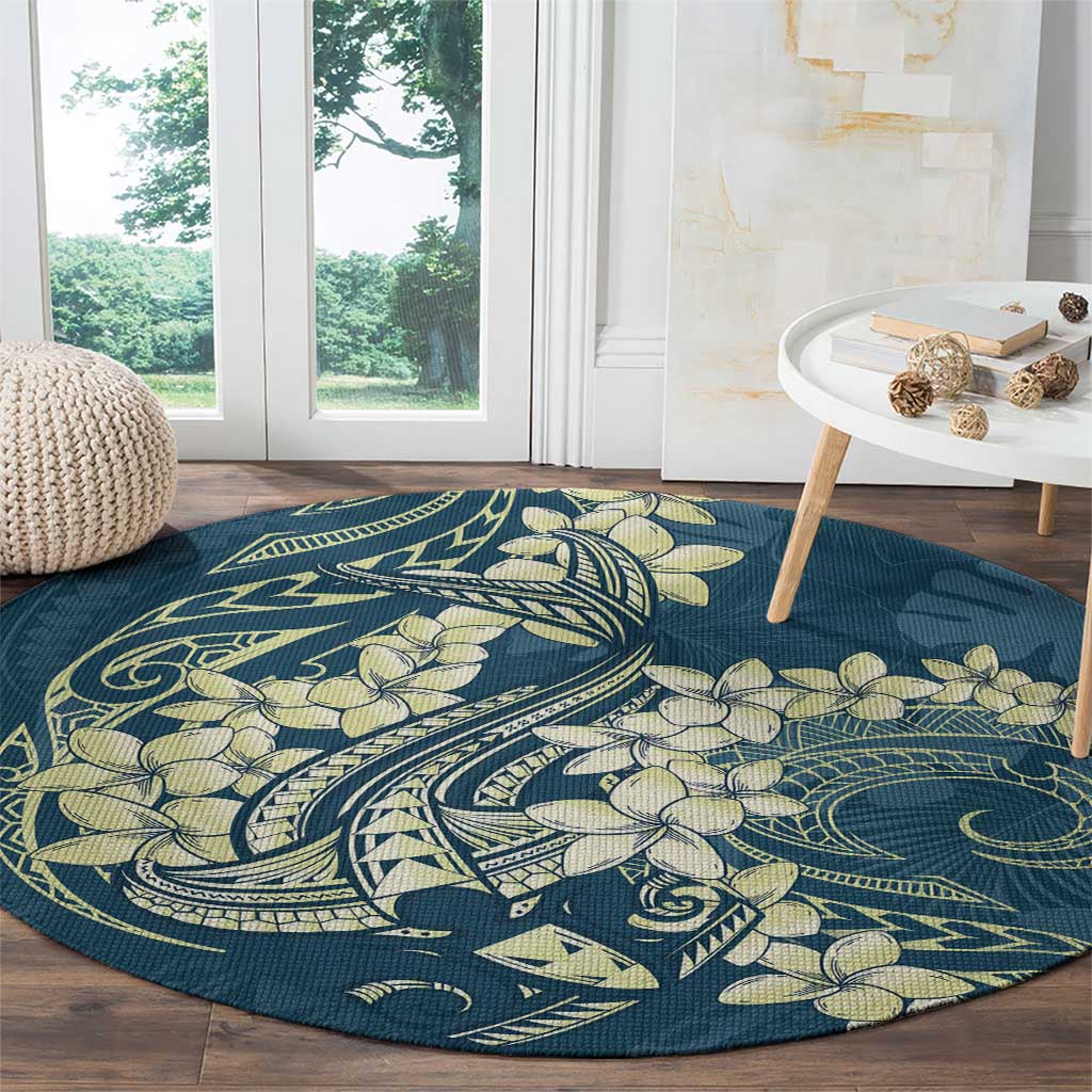 Cyan Polynesia Hammerhead Shark Tattoo With Plumeria Lei Round Carpet LT14 - Polynesian Pride