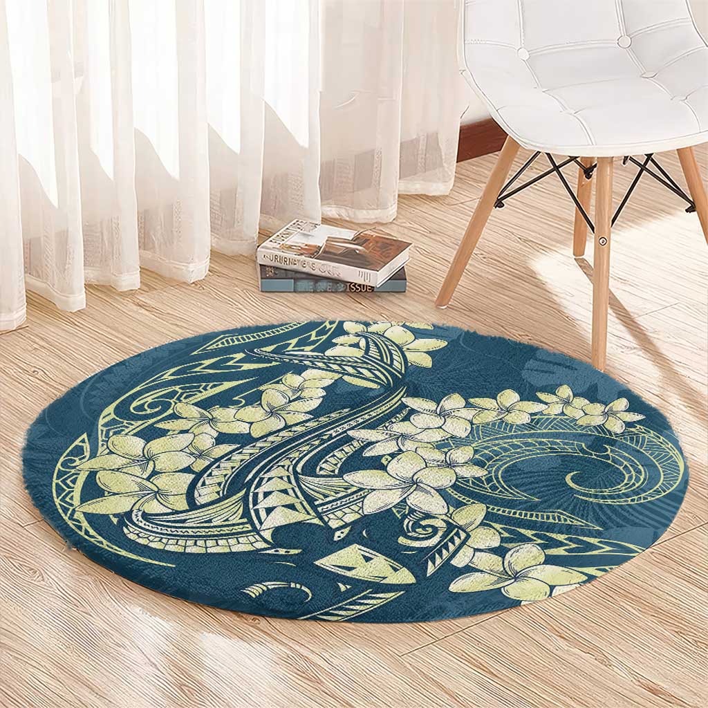 Cyan Polynesia Hammerhead Shark Tattoo With Plumeria Lei Round Carpet LT14 - Polynesian Pride