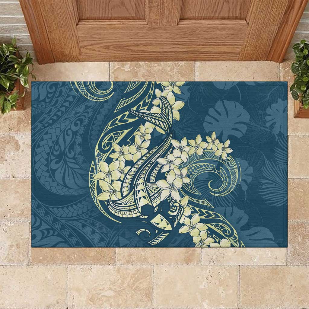 Cyan Polynesia Hammerhead Shark Tattoo With Plumeria Lei Rubber Doormat LT14 Cyan - Polynesian Pride