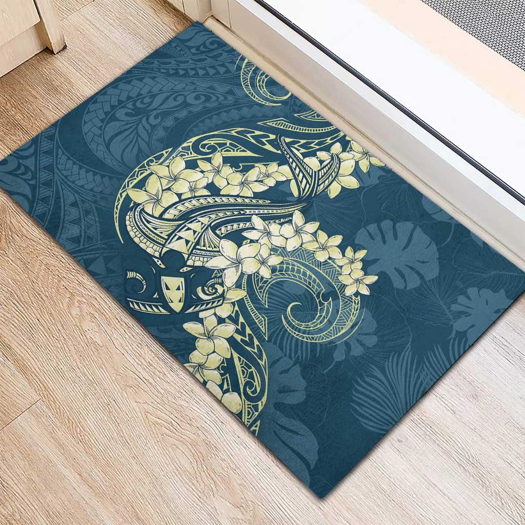 Cyan Polynesia Hammerhead Shark Tattoo With Plumeria Lei Rubber Doormat LT14 - Polynesian Pride