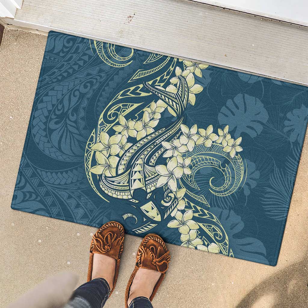 Cyan Polynesia Hammerhead Shark Tattoo With Plumeria Lei Rubber Doormat LT14 - Polynesian Pride