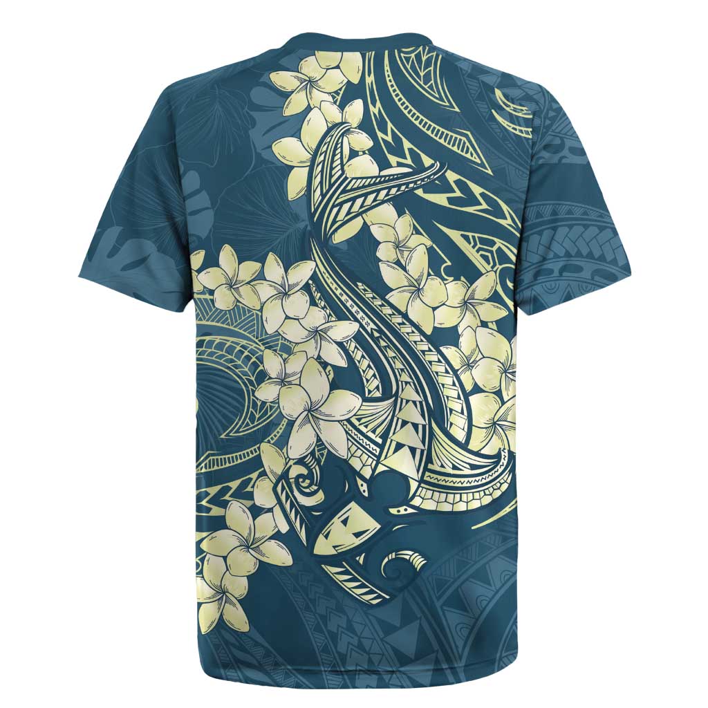 Cyan Polynesia Hammerhead Shark Tattoo With Plumeria Lei Rugby Jersey LT14 - Polynesian Pride