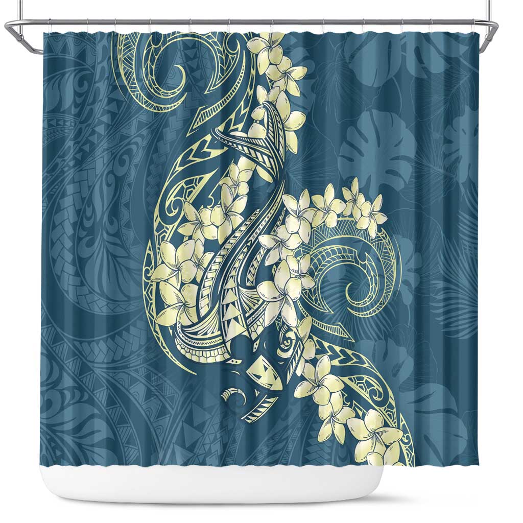 Cyan Polynesia Hammerhead Shark Tattoo With Plumeria Lei Shower Curtain LT14 Cyan - Polynesian Pride
