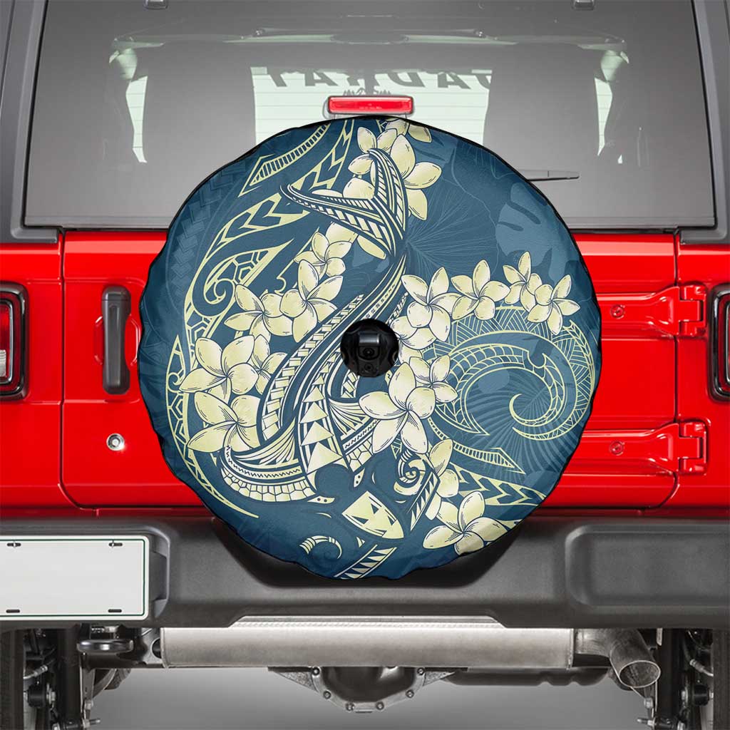 Cyan Polynesia Hammerhead Shark Tattoo With Plumeria Lei Spare Tire Cover LT14 - Polynesian Pride