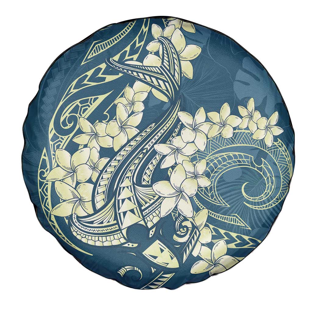 Cyan Polynesia Hammerhead Shark Tattoo With Plumeria Lei Spare Tire Cover LT14 - Polynesian Pride