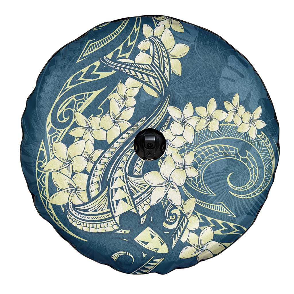 Cyan Polynesia Hammerhead Shark Tattoo With Plumeria Lei Spare Tire Cover LT14 - Polynesian Pride