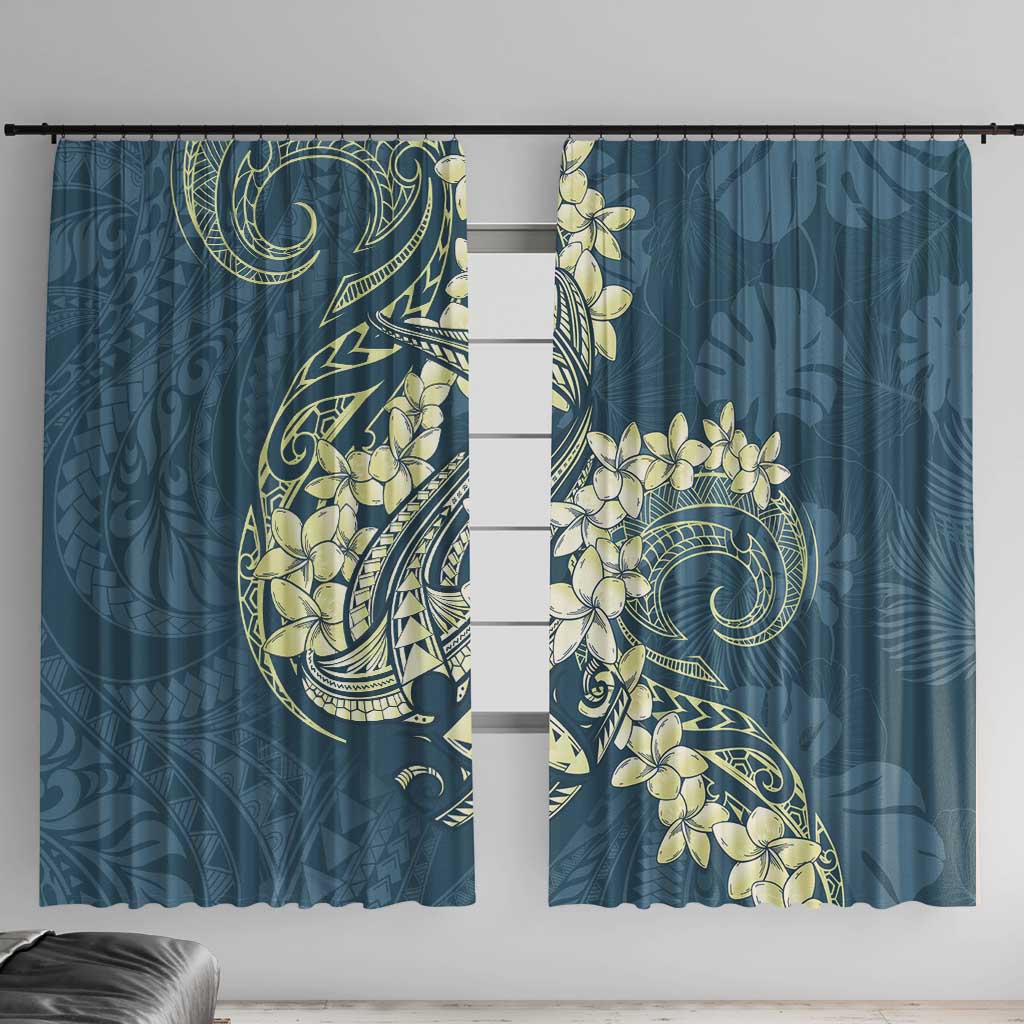 Cyan Polynesia Hammerhead Shark Tattoo With Plumeria Lei Window Curtain LT14 With Hooks Cyan - Polynesian Pride