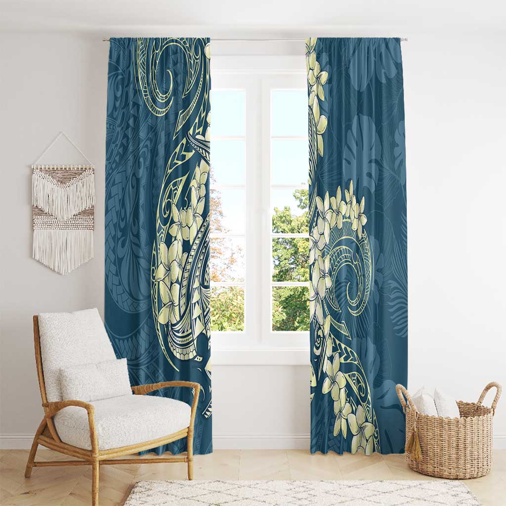 Cyan Polynesia Hammerhead Shark Tattoo With Plumeria Lei Window Curtain LT14 - Polynesian Pride