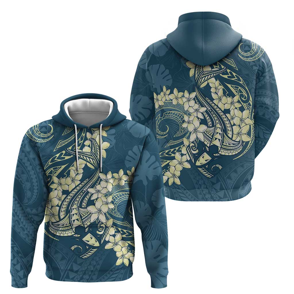 Cyan Polynesia Hammerhead Shark Tattoo With Plumeria Lei Zip Hoodie LT14 - Polynesian Pride