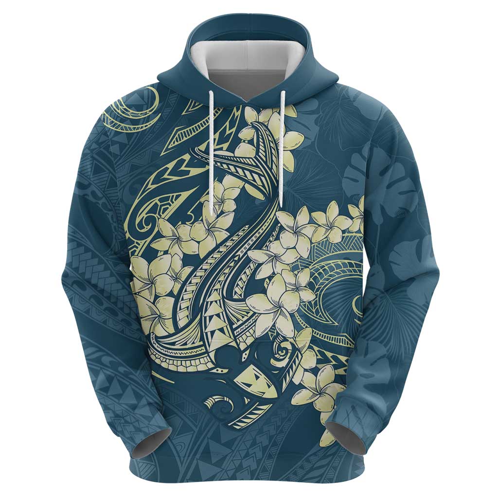 Cyan Polynesia Hammerhead Shark Tattoo With Plumeria Lei Zip Hoodie LT14 - Polynesian Pride