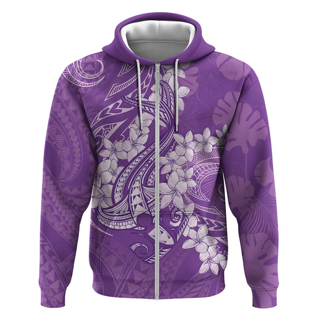 Purple Polynesia Hammerhead Shark Tattoo With Plumeria Lei Hoodie LT14 Zip Hoodie Purple - Polynesian Pride