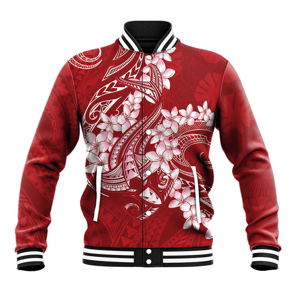 Red Polynesia Hammerhead Shark Tattoo With Plumeria Lei Baseball Jacket LT14 Unisex Red - Polynesian Pride