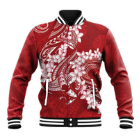 Red Polynesia Hammerhead Shark Tattoo With Plumeria Lei Baseball Jacket LT14 Unisex Red - Polynesian Pride