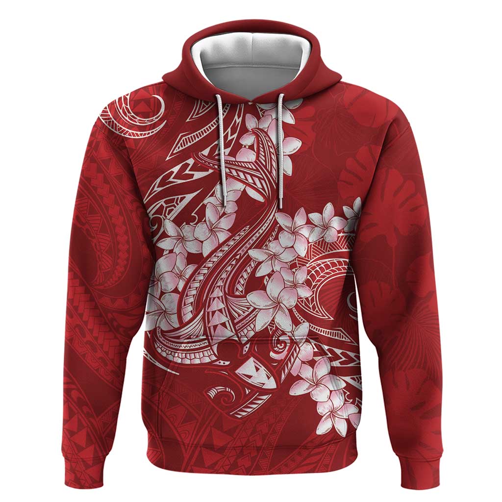 Red Polynesia Hammerhead Shark Tattoo With Plumeria Lei Hoodie LT14 Pullover Hoodie Red - Polynesian Pride