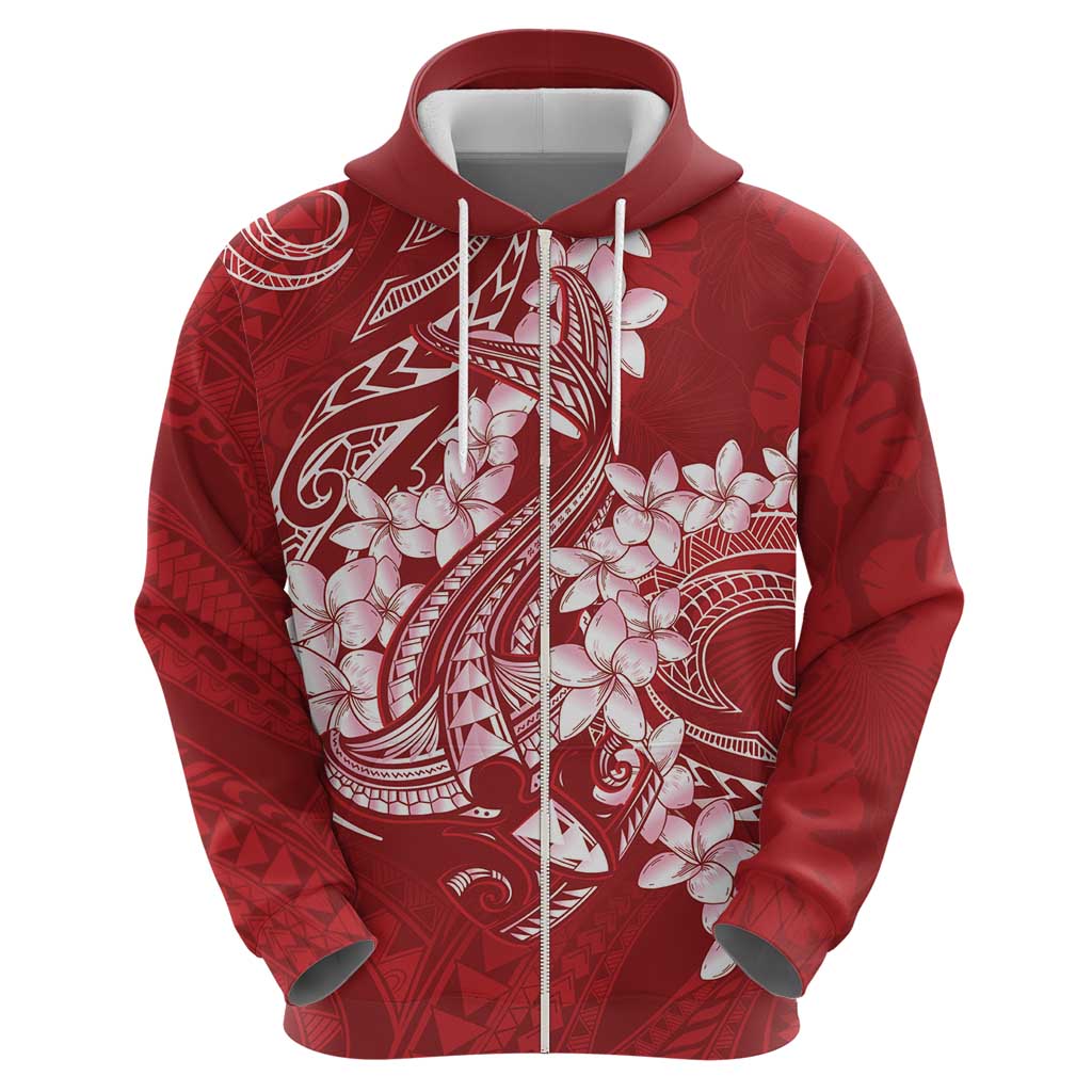 Red Polynesia Hammerhead Shark Tattoo With Plumeria Lei Hoodie LT14 - Polynesian Pride