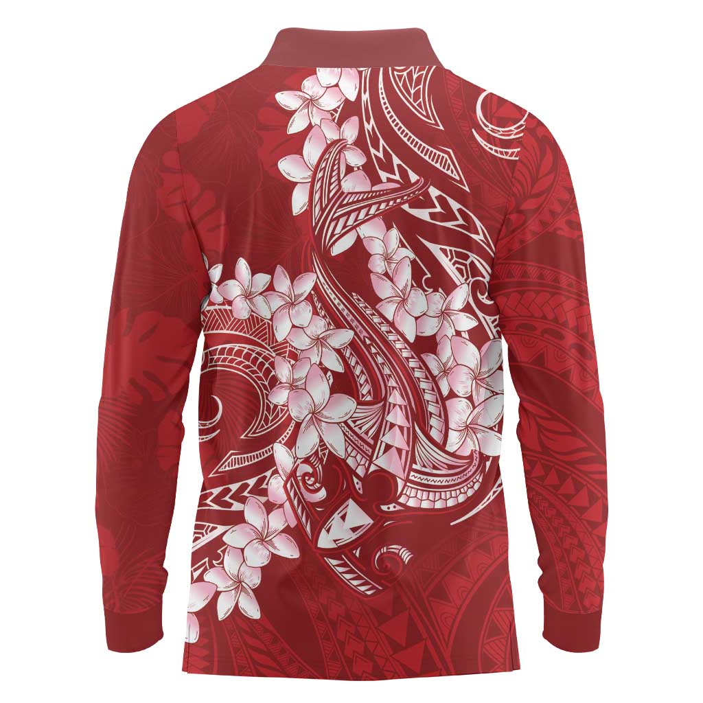 Red Polynesia Hammerhead Shark Tattoo With Plumeria Lei Long Sleeve Polo Shirt LT14 - Polynesian Pride