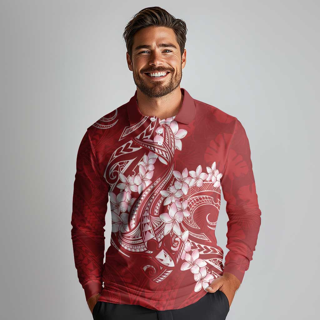 Red Polynesia Hammerhead Shark Tattoo With Plumeria Lei Long Sleeve Polo Shirt LT14 - Polynesian Pride