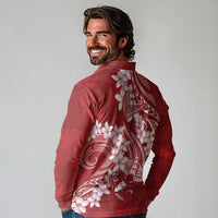 Red Polynesia Hammerhead Shark Tattoo With Plumeria Lei Long Sleeve Polo Shirt LT14 - Polynesian Pride