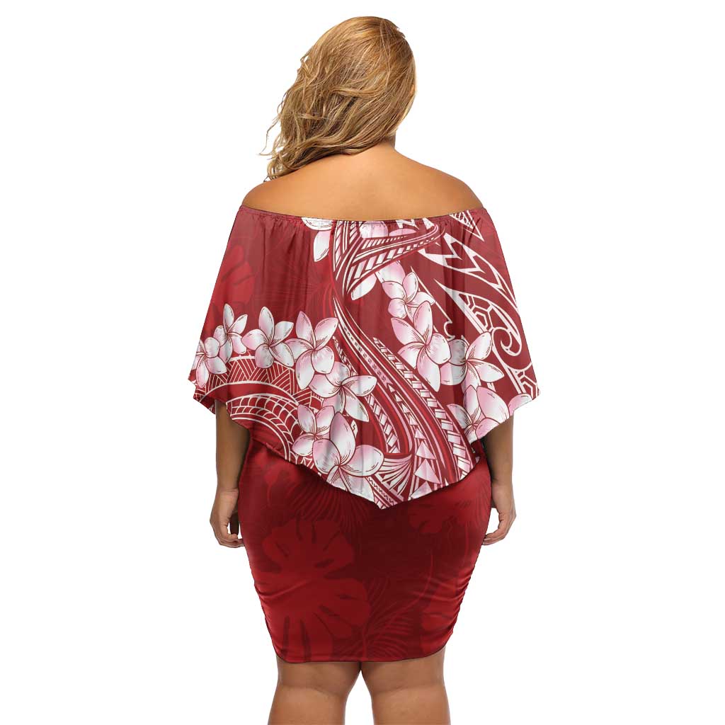 Red Polynesia Hammerhead Shark Tattoo With Plumeria Lei Off Shoulder Short Dress LT14 - Polynesian Pride