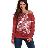 Red Polynesia Hammerhead Shark Tattoo With Plumeria Lei Off Shoulder Sweater LT14 Women Red - Polynesian Pride