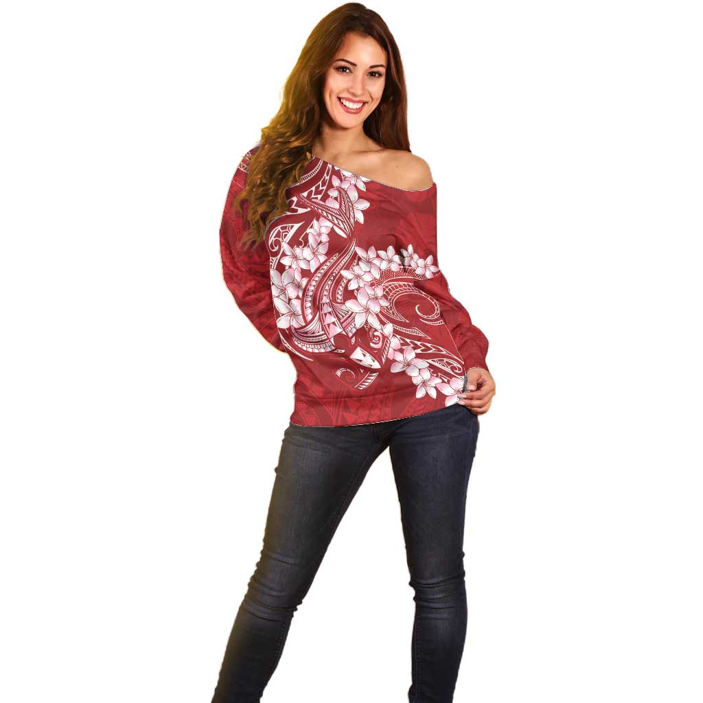 Red Polynesia Hammerhead Shark Tattoo With Plumeria Lei Off Shoulder Sweater LT14 - Polynesian Pride