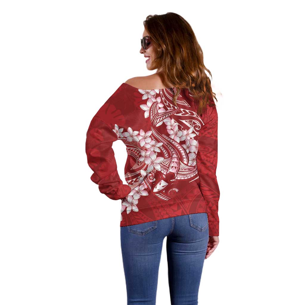 Red Polynesia Hammerhead Shark Tattoo With Plumeria Lei Off Shoulder Sweater LT14 - Polynesian Pride