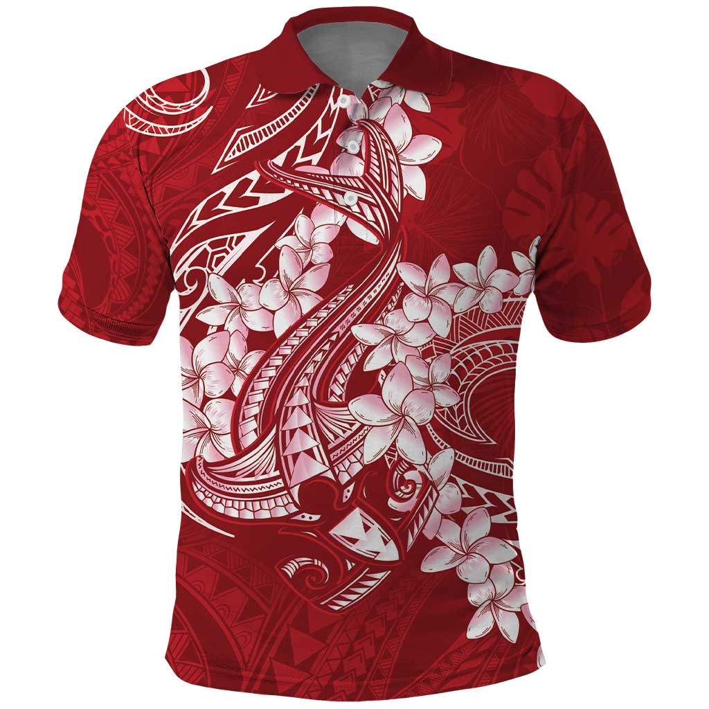 Red Polynesia Hammerhead Shark Tattoo With Plumeria Lei Polo Shirt LT14 Red - Polynesian Pride